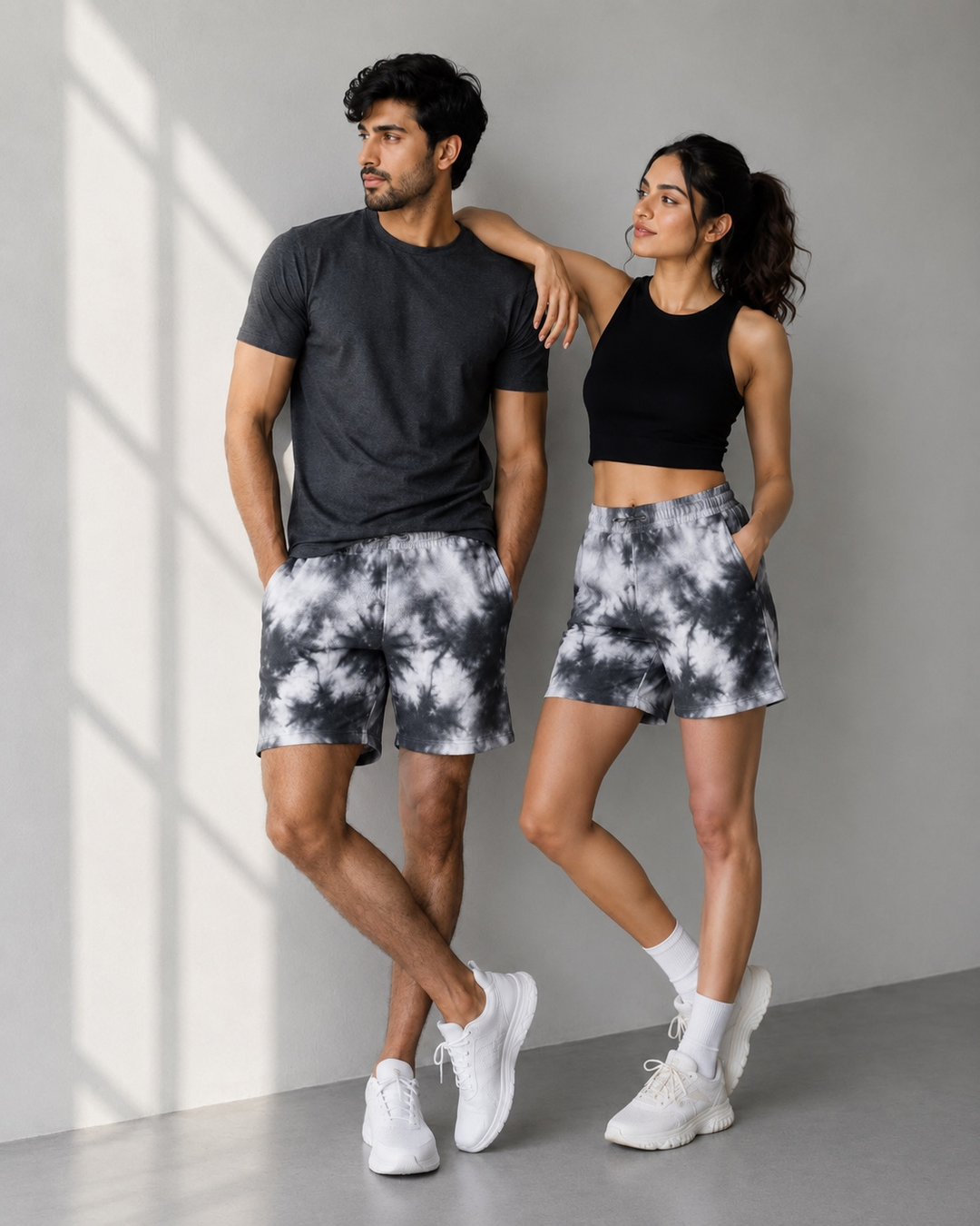 Unisex White Black Tie Dye Shorts
