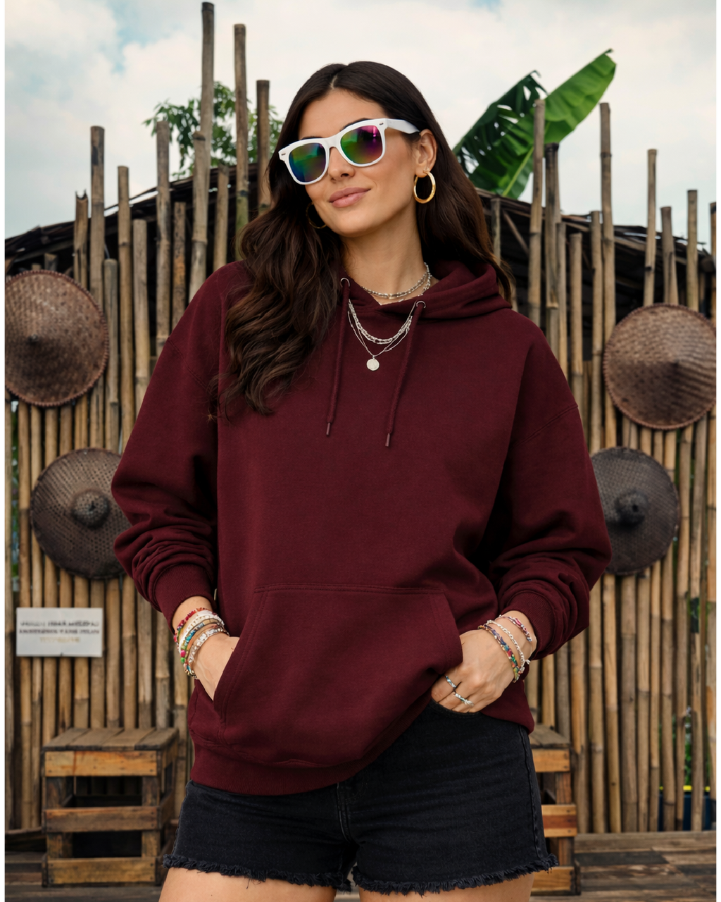 Unisex Maroon Solid Oversized Hoodie