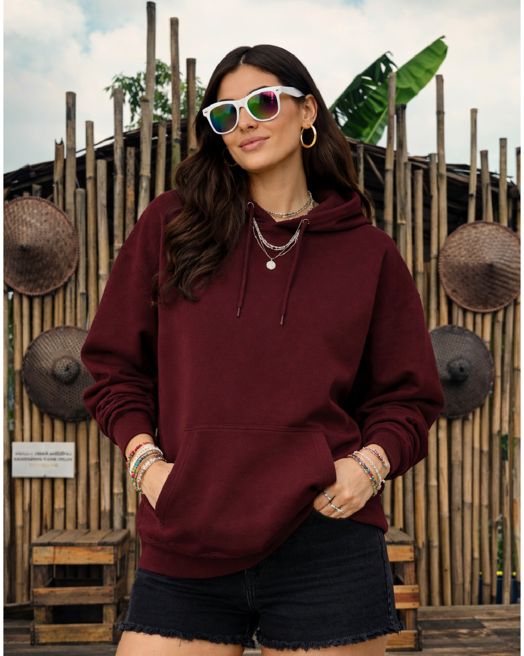 Unisex Maroon Solid Oversized Hoodie