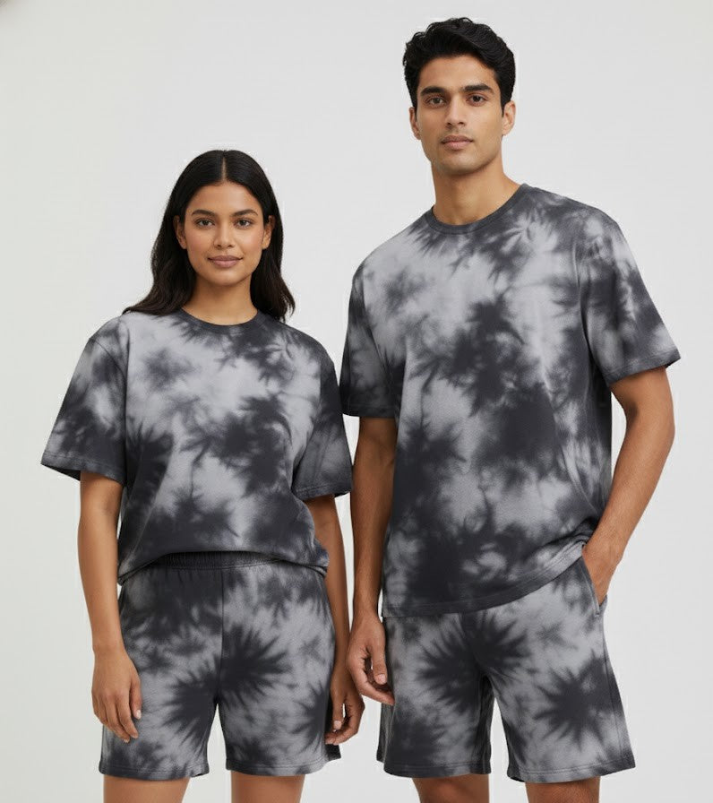 Unisex White Black Tie-Dye Oversized T-shirt & Shorts Co-ord Set