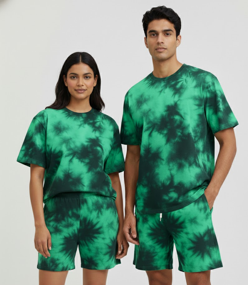 Unisex Green Black Tie-Dye Oversized T-shirt & Shorts Co-ord Set