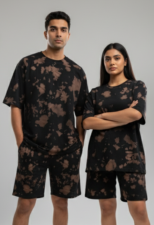 Unisex Brown Black Tie-Dye Oversized T-shirt & Shorts Co-ord Set